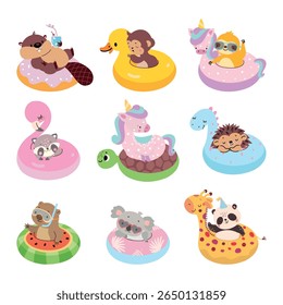 Animal on swimming rings. Funny animals swim on rubber ring, seasonal beach rest characters. Cartoon hedgehog raccoon panda, nowaday vector set