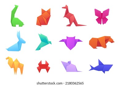 Animal origami. Paper color figure. Butterfly and kangaroo. Nature art bird icon. Flamingo or hare. Isolated fox and hare. Polygon folded toys set. Japanese hobby. Vector flat illustration