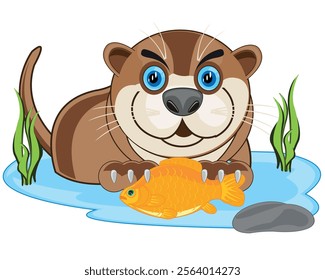 Animal otter in fish river on white background is insulated