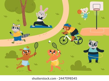 Animal outdoor training. Cute animals doing different exercises, bicycle riding and play basketball. Seasonal rest in park or nature, classy vector scene
