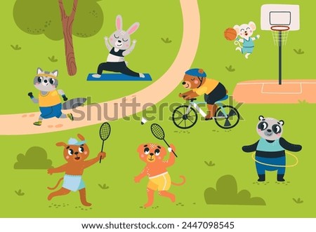 Animal outdoor training. Cute animals doing different exercises, bicycle riding and play basketball. Seasonal rest in park or nature, classy vector scene