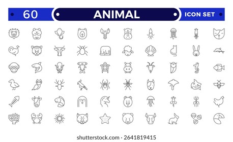 Animal Outline icon collection. Set of black animal Icon. Animal icons. Mammal, fish, insects, birds, reptiles silhouette collection. Wild, domestic animals.
