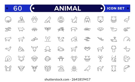 Animal Outline icon collection. Set of black animal Icon. Animal icons. Mammal, fish, insects, birds, reptiles silhouette collection. Wild, domestic animals.
