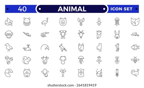 Animal Outline icon collection. Set of black animal Icon. Animal icons. Mammal, fish, insects, birds, reptiles silhouette collection. Wild, domestic animals.

