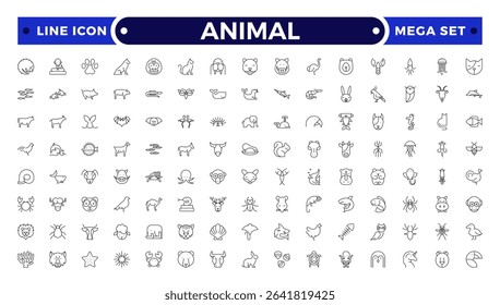 Animal Outline icon collection. Set of black animal Icon. Animal icons. Mammal, fish, insects, birds, reptiles silhouette collection. Wild, domestic animals.
