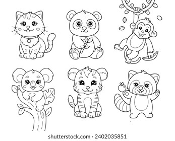 Animal outline for kids coloring page including cat, panda, monkey, koala, tiger, and red panda