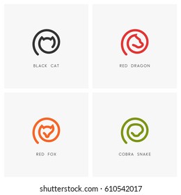 Animal outline logo set. Black cat, red dragon, fox and cobra snake symbols - pet and wild predator icons.