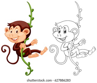 Animal outline for monkey hanging on vine illustration