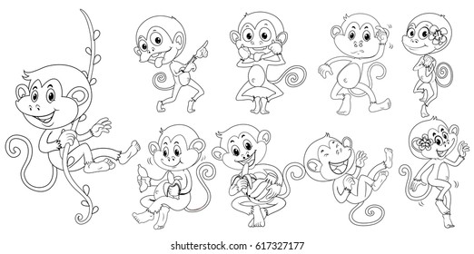 Animal outline for monkeys in different actions illustration