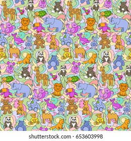 Animal outline toys on abstract wave background seamless border. Fun colorful wallpaper, textile prints, greeting cards.