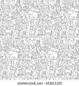 Animal outline toys on abstract wave background seamless pattern. Fun wallpaper for coloring books, textile prints.