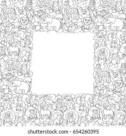 Animal outline toys on abstract wave background seamless frame pattern. Fun wallpaper for coloring books, textile prints, greeting cards with text place.