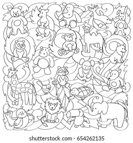 Animal outline toys on abstract wave background. Fun pattern for coloring books, textile prints.