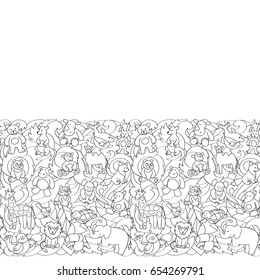 Animal outline toys on abstract wave background seamless border. Fun wallpaper for coloring books, textile prints, greeting cards with text place.