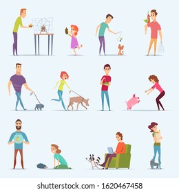 Animal owners. Dog kitten aquarium fishes people with lovely domestic animals vector cartoon characters