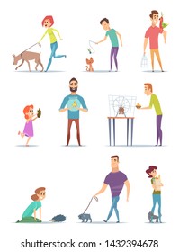 Animal owners. Happy domestic pets with young male and female holders animals cats dogs walking vector cartoons. Illustration of animal dog friend and happy owner with hedgehog and hamster