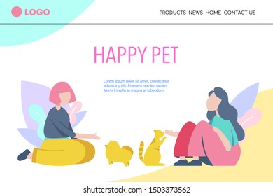 Animal shelter landing page template. Happy people communicates with dogs and cats with care and love. Animal Day and adoption. 