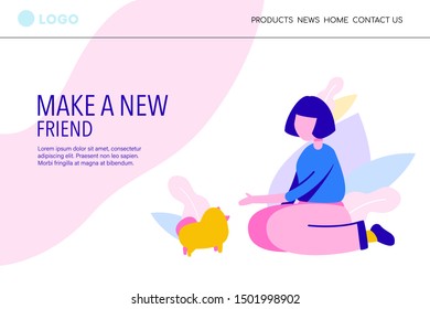 Animal shelter landing page template. Happy woman communicates with dog with care and love. Animal Day and adoption. 