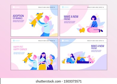 Animal shelter landing page templates set. Happy people communicates with dogs and cats with care and love. Animal Day and adoption. 