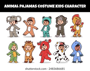 Animal pajamas costume kids character set vector illustration