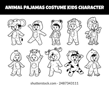 Animal pajamas costume kids character set outline vector illustration