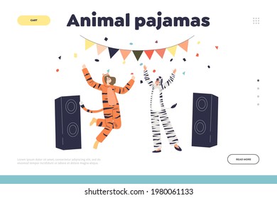 Animal pajamas party concept of landing page with joyful man and woman dressed in tiger and zebra kigurumi jumpsuit dance on pj overnight disco. Cartoon flat vector illustration