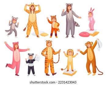 Pijamas animales. Gente con pijamas divertidos, trajes de dormir fiesta de pijama adulto o niño traje de dormir animales personaje disfraces de carnaval ingeniosa ilustración vectorial de la fiesta de los animales