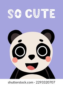 Animal panda kid card. Cute child greeting and invitation cards for birthday, baby party posters, motivational lettering. Childish print nursery decor. Bright background. Vector doodle characters