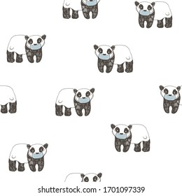 Animal panda with medical mask medical coronavirus epidemic virus hand drawn seamless vector pattern for kids