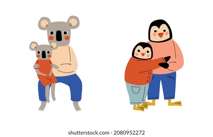 Animal Parent Humanized Character Standing with Their Kid Vector Set
