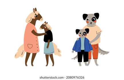Animal Parent Humanized Character Standing with Their Kid Vector Set