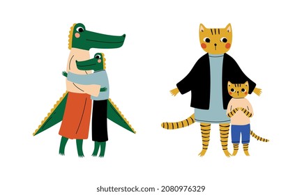 Animal Parent Humanized Character Standing with Their Kid Vector Set