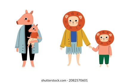 Animal Parent Humanized Character Standing with Their Kid Vector Set