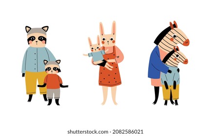 Animal Parent Humanized Character Standing with Their Kid Vector Set