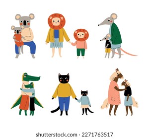 Animal parents and their kids set. Koala, lion, rat, crocodile, cat, horse families cartoon vector illustration