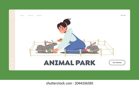 Animal Park Landing Page Template. Happy Kid Character Playing and Feeding Cute Little Rabbits in Farm or Zoo. Girl Care of Bunnies, Excursion to Ranch or Village Farmyard. Cartoon Vector Illustration