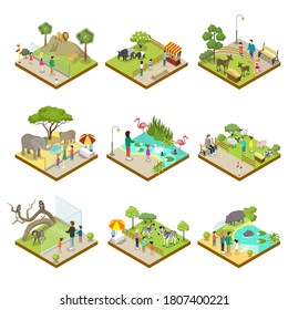 Animal park. Public zoo isometric icon set. Isolated three-dimensional animal park with visitor scene collection. Vector lawn, exotic creature, people illustration. Zoological infrastructure element