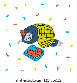 Animal party. Lazy sloth party. Cute sloth sleeping cozy curled up under the blanket with pizza box. Vector illustration