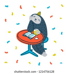 Animal party. Lazy sloth party. Cute sloth sitting at a table with book and wine. Vector illustration