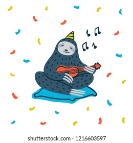 Animal party. Lazy sloth party. Cute sloth playing ukulele. Vector illustration