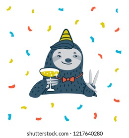 Animal party  Lazy sloth party  Cute sloth and champagne like the meme the great gatsby  Vector illustration