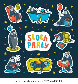 Animal party sticker pack. Lazy sloth party. Cute sloths having fun at a lazy party. Vector illustration