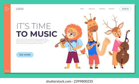 Animal party vector illustration. Celebrate with banquet happy beasts, turning forest into festive paradise colors joy. Its time to music, lion plays violin, giraffe plays saxophone, deer plays cello