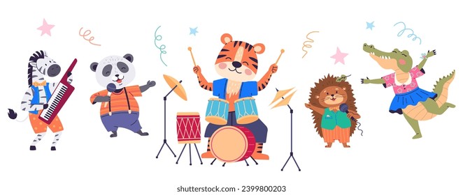 Animal party vector illustration. Creatures gather for festive feast, turning animal party into joyful carnival The wildlife banquet is cheerful anniversary celebration creatures