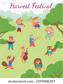 Animal party vector illustration. Creatures gather for festive animal party, turning meadow into entertainment haven The birthday party in woods is cheerful celebration. Harvest festival