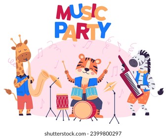 Animal party vector illustration. Join festivities as cheerful fauna creates magical celebration in jungle Creatures gather for festive banquet, turning animal party into lively. Music party