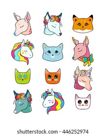 Animal patches set, colorful magic and friendship collection. Doodle stickers with deer in flowers and bow, cats, fox, owl, baby unicorn, ... Hand drawn vector illustration.