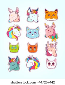 Animal patches set, colorful magic and friendship collection. Doodle stickers with deer in flowers and bow, cats, fox, owl, baby unicorn, ... Hand drawn vector illustration.