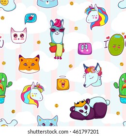 Animal patches set,colorful magic friendship collection,seamless pattern.Doodle stickers: deer in flowers,cat,fox,owl, baby unicorn, panda, lama, clouds, gold elements. Hand drawn vector illustration.
