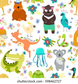 Animal pattern with Australian baby animals. Parrot, wombat, jellyfish, crocodile, koala, kangaroo, platypus, turtle, tasmanian devil, snake, birds. Vector illustration.